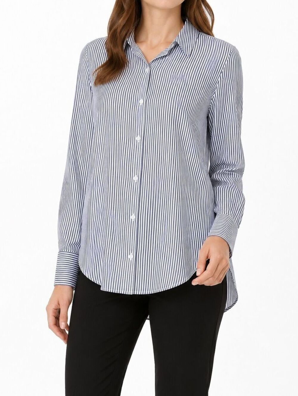 Tahari Women’s Blue Jeans White Striped Rayon Button-Up Shirt Blouse - M EUC